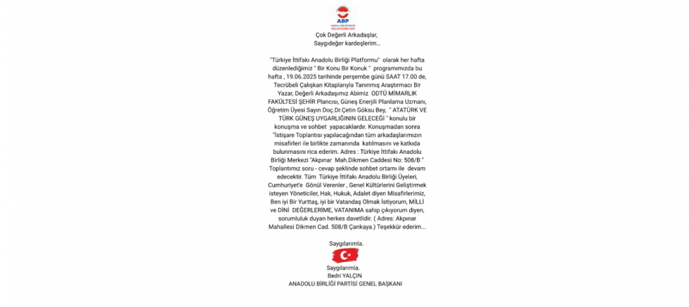 BEDRİ YALÇIN: “ATATÜRK VE TÜRK GÜNEŞ UYGARLIĞI ÜZERİNE ÖNEMLİ BİR BULUŞMAYA DAVETLİSİNİZ” - GÜNDEM - İnternetin Ajansı